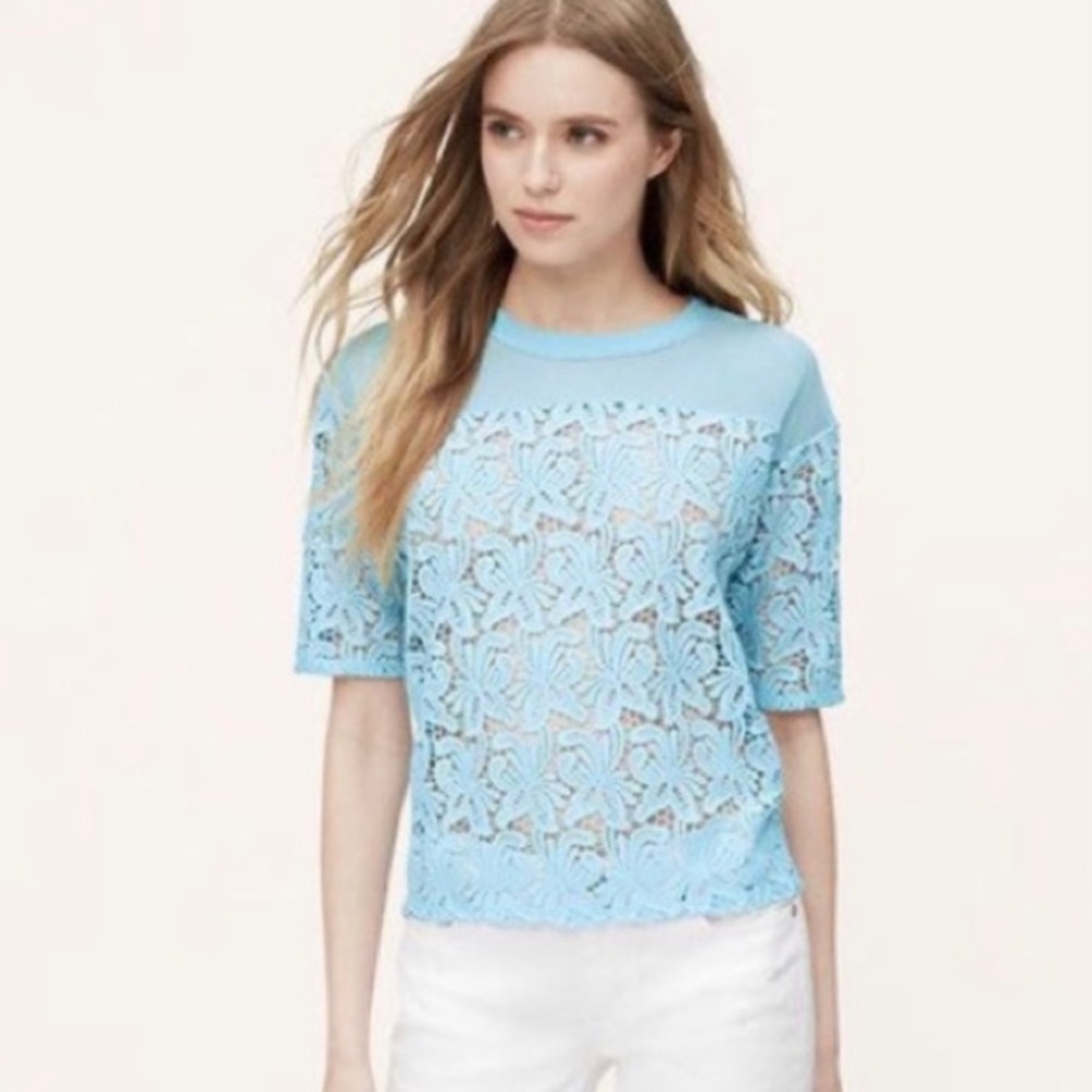 Loft Blue Lace Blossom Short Sleeve Tee